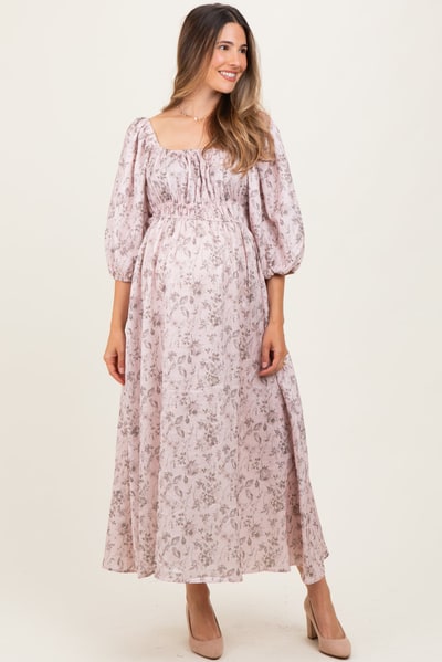 PinkBlush Light Pink Floral Puff Sleeve Smocked Waist Maternity Midi Dress