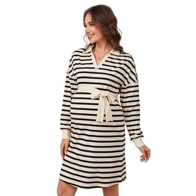 Target Maternity Sweater Dress Long Sleeve Collar V Neck Striped Midi Dress with Belt Baby Shower Photoshoot Black XL