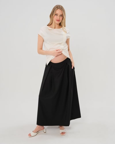 MARION Maternity Pleated Black Maternity Maxi Skirt in All-Season Wool Blend | Over/Under Bump