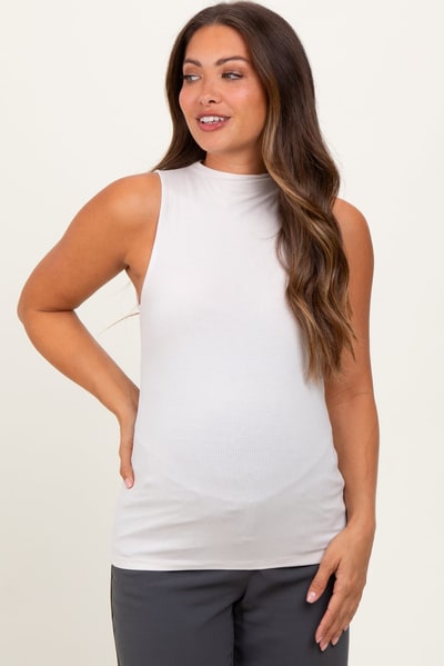 PinkBlush Beige Ribbed Sleeveless Mock Neck Maternity Top