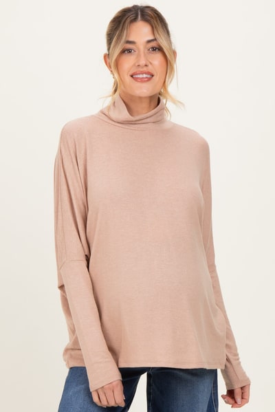 PinkBlush Taupe Draped Oversized Turtleneck Dolman Sleeve Maternity Top
