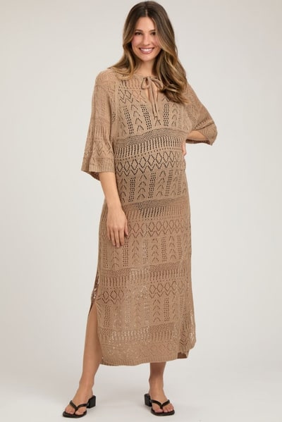 PinkBlush Taupe Open Knit Front Tie Side Slit Midi Maternity Swim Cover Up