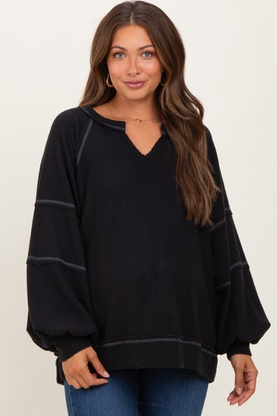 PinkBlush Black Solid Rib Long Sleeve V-Neck Oversized Maternity Tunic Top
