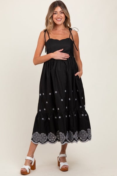 PinkBlush Black Embroidered Shoulder Tie Maternity Midi Dress
