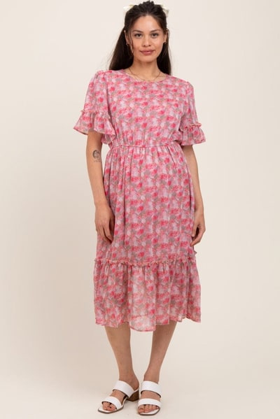 PinkBlush Pink Floral Ruffle Accent Maternity Midi Dress