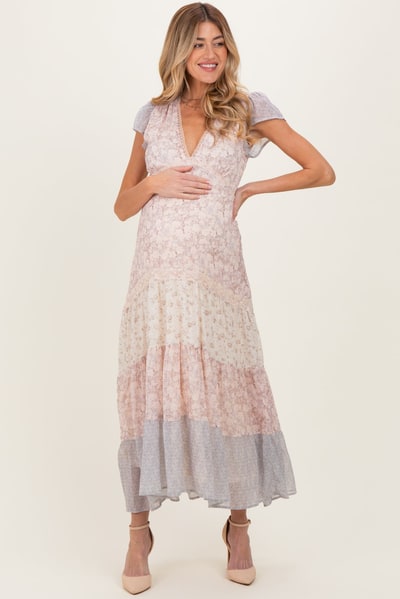 PinkBlush Multicolor Floral Colorblock Tiered Maternity Maxi Dress