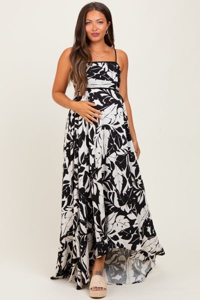 PinkBlush Black/ White Vintage Floral Smocked Top Sleeveless Maternity Maxi Dress
