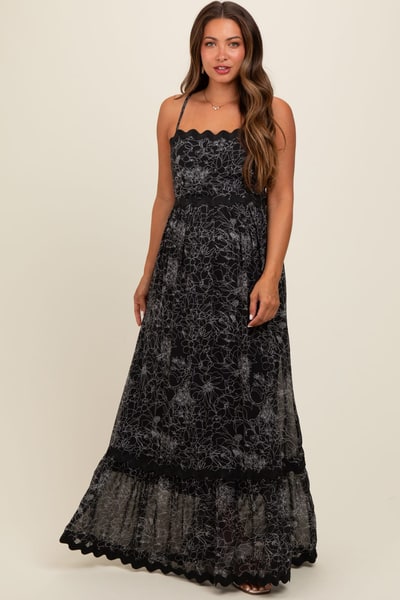 PinkBlush Black Floral Contrast Trim Maternity Maxi Dress