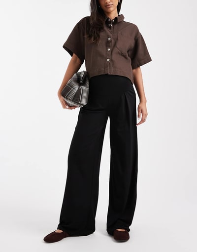 ASOS Mamalicious Maternity foldable waistband wide leg jersey pants in black