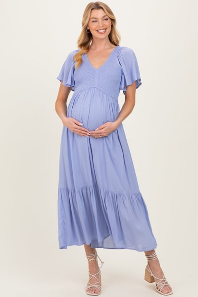 PinkBlush Blue Smocked Maternity Midi Dress