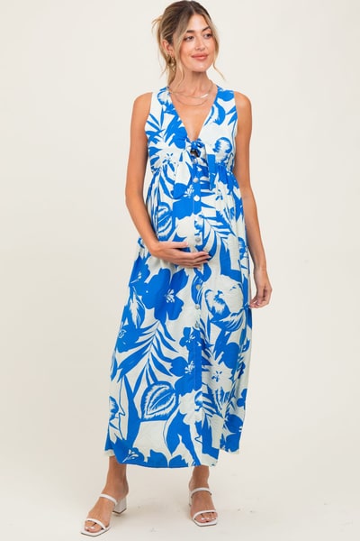 PinkBlush Blue Tropical Print Front Tie Sleeveless Button Up Maternity Dress