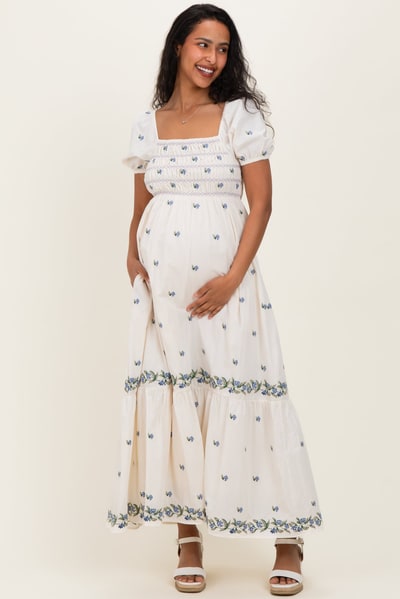 PinkBlush Buttercream Smocked Embroidered Floral Maternity Maxi Dress