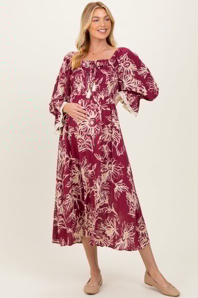 PinkBlush Burgundy Floral Smocked 3/4 Sleeve Maternity Midi Dress