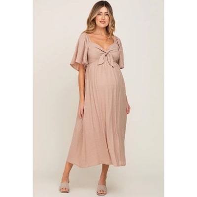 Target Pinkblush Mocha Front Tie Ruffle Sleeve Maternity Midi Dress Small