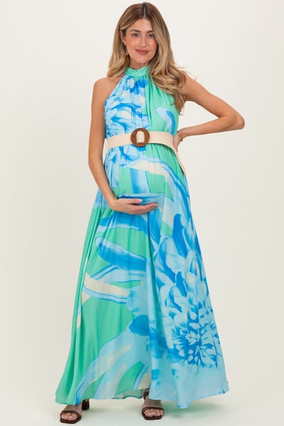 PinkBlush Mint Floral Chiffon Halter Maternity Maxi Dress