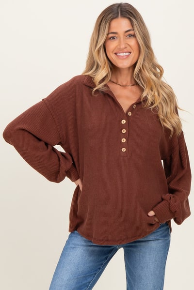 PinkBlush Brown Solid Ribbed Long Sleeve Button Down Collared Maternity Top