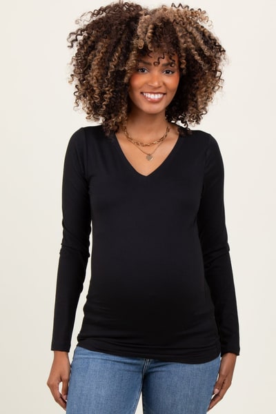 PinkBlush Black Brushed Knit V-Neck Long Sleeve Maternity Top