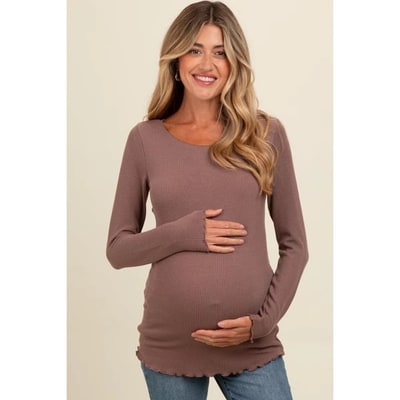 Target PinkBlush Brown Ribbed Knit Long Sleeve Lettuce Hem Maternity Top Brown Large
