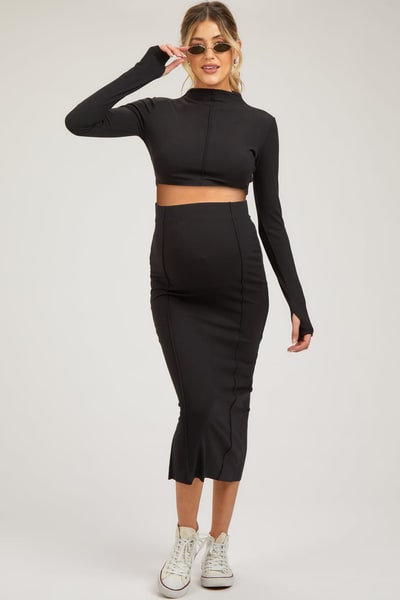 PinkBlush Black Mock Neck Long Sleeve Crop Maternity Midi Skirt Set