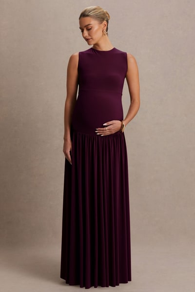 Club L London Outline | Plum Crew-Neck Maternity Maxi Dress With Pleated Skirt