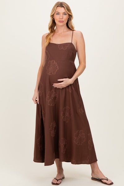 PinkBlush Mocha Flower Embroidered Maternity Midi Dress