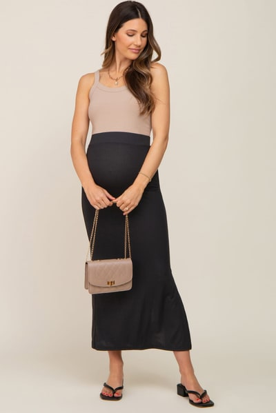 PinkBlush Black Ribbed Side Slit Maternity Midi Skirt