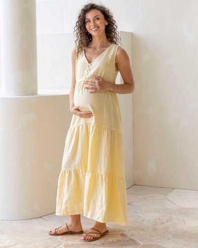 Angel Maternity Kiara Linen Maternity Maxi Dress in Lemon