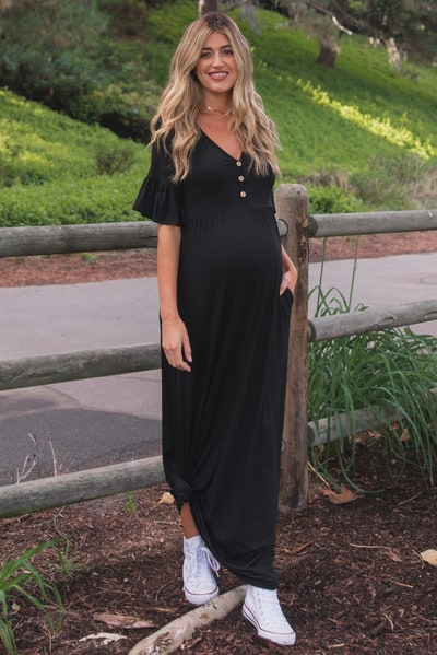 PinkBlush Black Button Ruffle Sleeve Maternity Maxi Dress