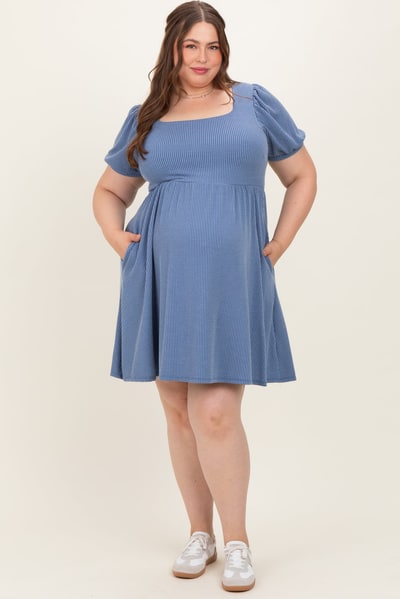 PinkBlush Vintage Denim Puff Rib Plus Maternity Babydoll Dress