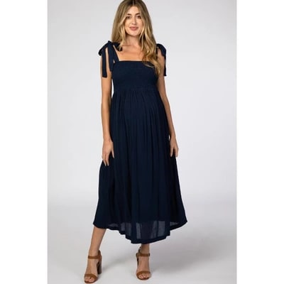 Target PinkBlush Navy Blue Smocked Tie Strap Maternity Midi Dress Navy Large