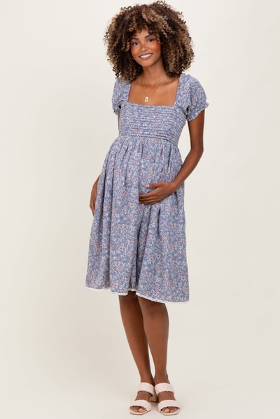 PinkBlush Blue Floral Pleated Bodice Puff Sleeve Maternity Dress