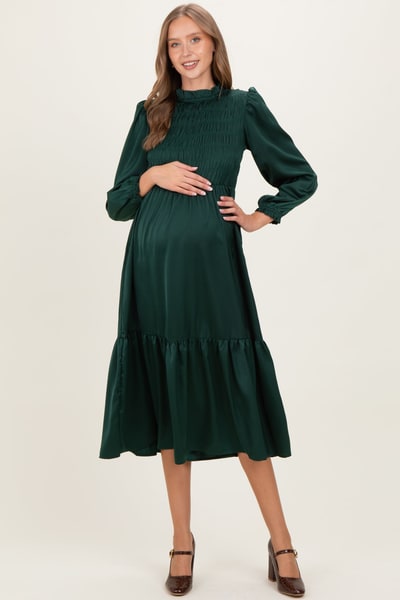 PinkBlush Forest Green Mock Neck Satin Smocked Chest Maternity Dress