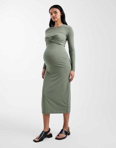 ASOS Mamalicious Maternity long sleeve 2 function nursing ribbed midi dress in light green