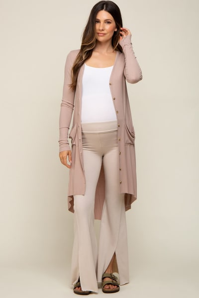 PinkBlush Beige Button Front Knit Maternity Cardigan