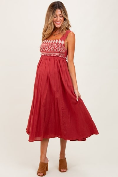 PinkBlush Rust Embroidered Sleeveless Maternity Midi Dress