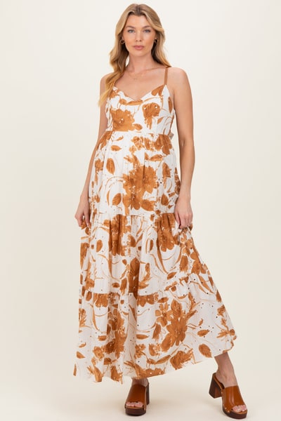PinkBlush Mocha Floral Tiered Cutout Tie Back Maternity Maxi Dress