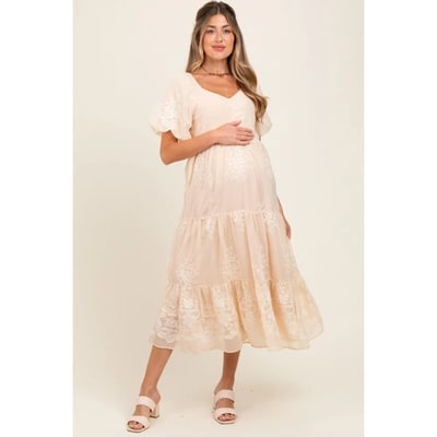 Target Pinkblush Beige Floral Embroidered Chiffon Maternity Midi Dress XL