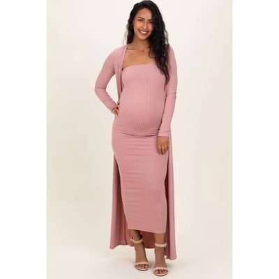 Target Pinkblush Mauve Ribbed Sleeveless Dress Cardigan Maternity Set Medium