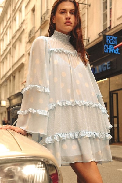 For The Creators Dott Flare Sleeve Light Blue Mini Maternity Dress