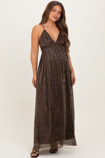 PinkBlush Brown Shimmer Open Tie Back Maternity Maxi Dress