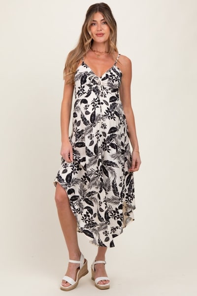 PinkBlush Black Tropical Floral Front Cinched Tie Maternity Midi Dress