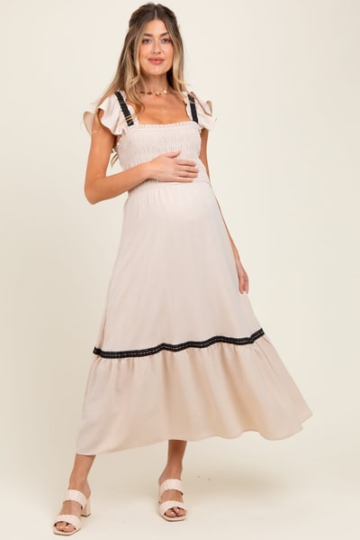 PinkBlush Beige  Smocked Lace Detail Maternity Midi Dress
