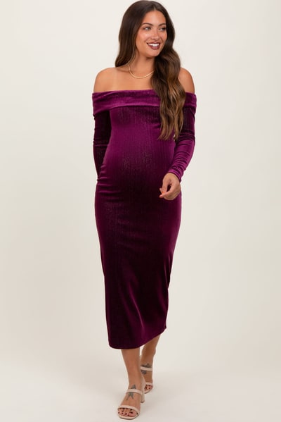 PinkBlush Plum Shiny Velour Off Shoulder Maternity Midi Dress