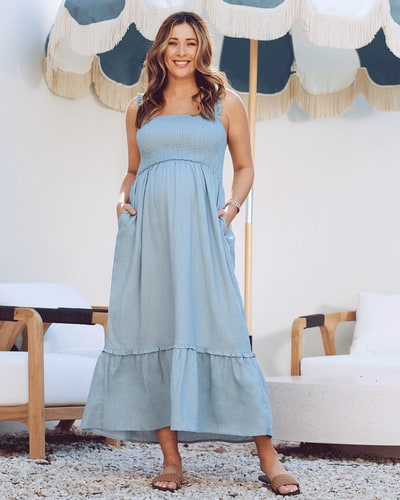 Angel Maternity Margot Maternity Shirred Dress in Light Blue
