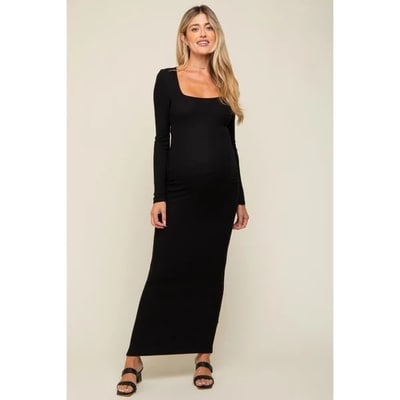 Target Pinkblush Black Ribbed Long Sleeve Square Neck Maternity Maxi Dress Large