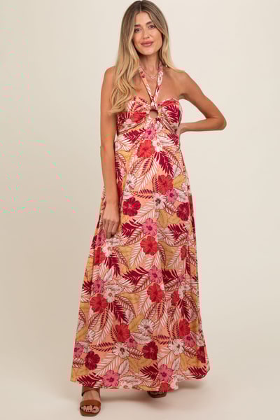 PinkBlush Peach Tropical Print Cutout Halter Neck Maternity Maxi Dress