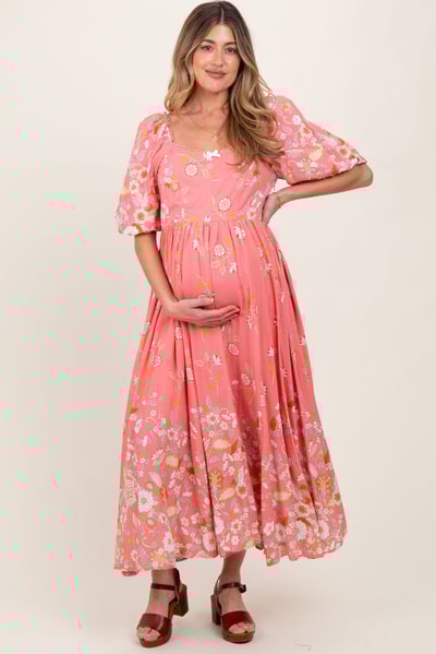 PinkBlush Pink Floral Print Puff Sleeve Maternity Maxi Dress
