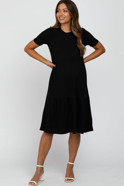 PinkBlush Black Ribbed Tiered Maternity Dress