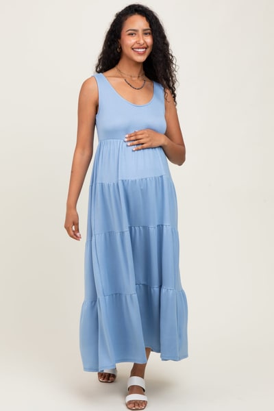 PinkBlush Light Blue Solid Tiered French Terry Maternity Maxi Dress