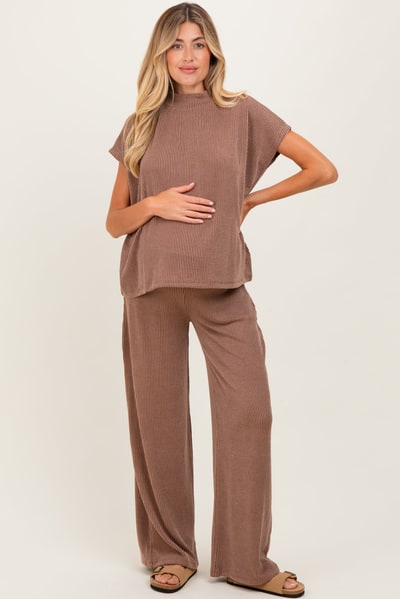 PinkBlush Brown Textured Rib Mock Neck Short Sleeve Pant Maternity Set